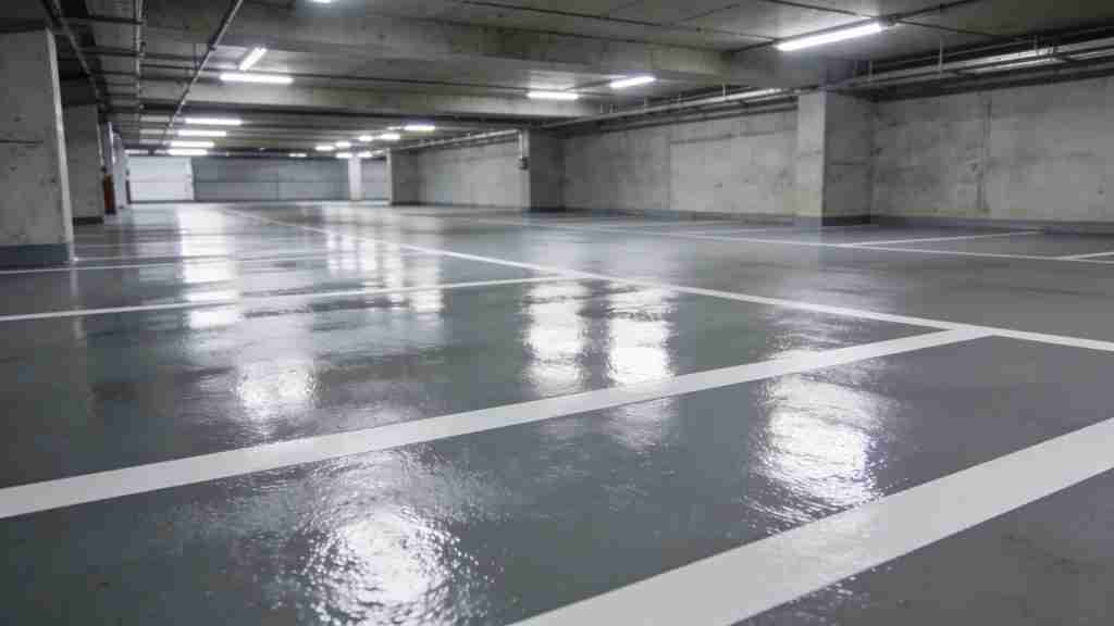 Epoxy flooring in a modern indoor parking garage highlighting durability and aesthetics