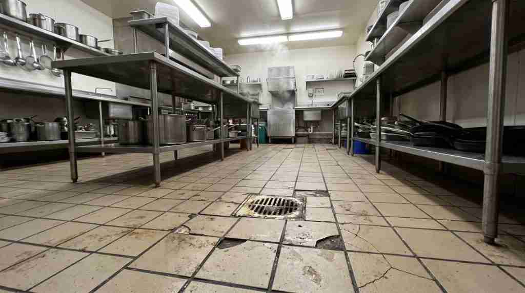 Cuisine de restaurant au carrelage fissuré et aux joints tachés