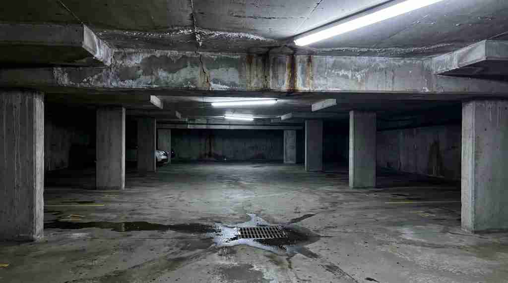 Stationnement souterrain avec traces de rouille et d'efflorescence sur la dalle de béton