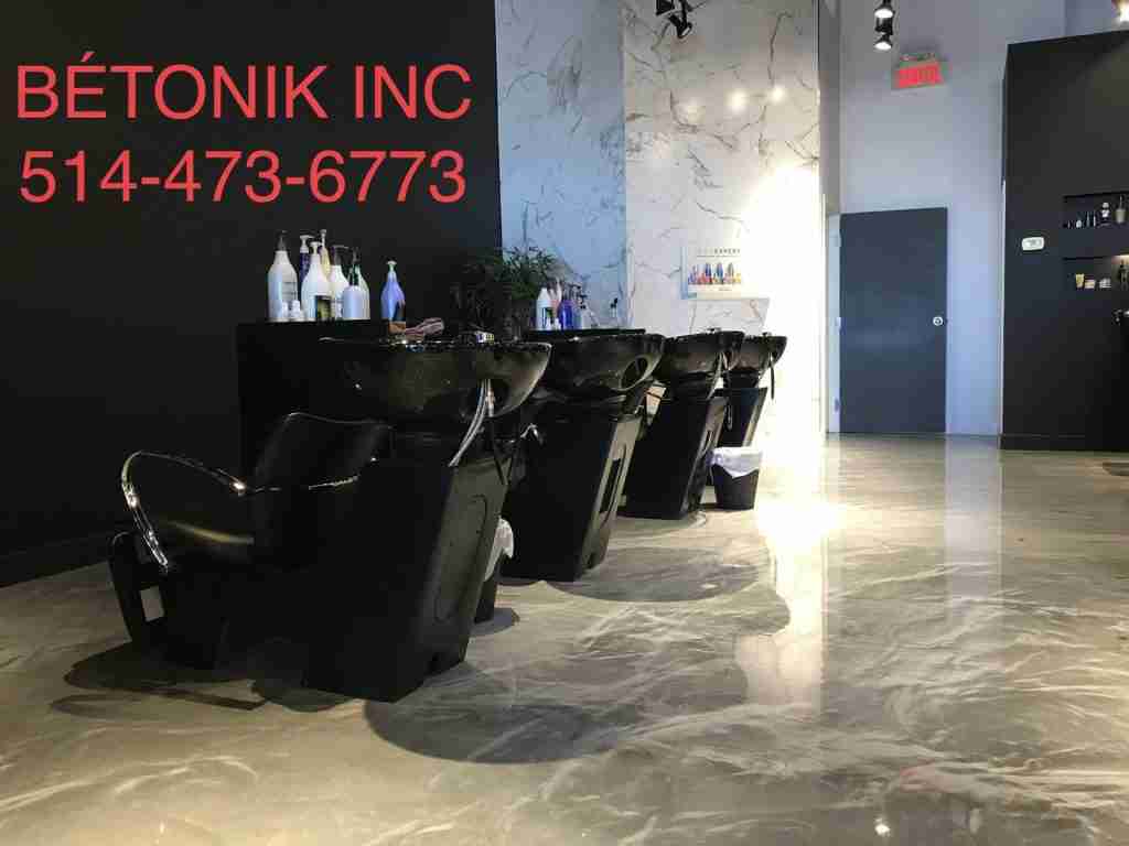 Grey metallic epoxy floor in a hair salon, installed by B&eacute;tonik